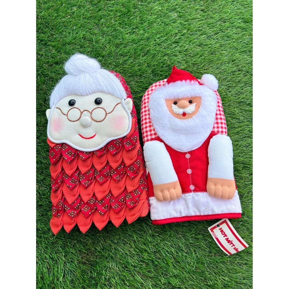 Vintage Hot‎ Mitt King Santa Mrs Claus Christmas Oven Mitt Set Red Gingham Retro
